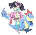  1girl :d black_eyes black_hair blue_bow blue_legwear blue_ribbon bow commentary_request croconaw detached_sleeves dress drill_hair elbow_gloves fang garuru_(pripara) gen_2_pokemon gloves green_eyes headband open_mouth orihika pink_bow pink_dress pink_gloves pokemon pokemon_(creature) pokemon_egg pretty_(series) pripara puffy_shorts puffy_sleeves red_eyes ribbon shoes shorts simple_background smile standing thighhighs totodile white_background 