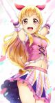  1girl :d aikatsu! aikatsu!_(series) armpits arms_up bare_legs bare_shoulders bell blonde_hair bow close-up commentary cowboy_shot crop_top detached_sleeves eyebrows_visible_through_hair hair_bow hoshimiya_ichigo idol itouchaba layered_skirt long_hair looking_at_viewer midriff navel open_mouth petals red_bow red_eyes round_teeth simple_background skirt sleeveless smile solo star_(symbol) stomach teeth upper_teeth white_background 