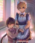 2boys alternate_costume apron bangs black_gloves black_legwear blue_eyes brown_hair child closed_mouth collarbone collared_shirt crossdressing dress earrings enmaided eyebrows_visible_through_hair formal frilled_apron frilled_cuffs frilled_dress frilled_sleeves frills genshin_impact gloves hair_between_eyes hallway higherrisk holding_another&#039;s_arm jewelry long_hair long_sleeves looking_at_viewer maid maid_apron maid_headdress male_focus multiple_boys necktie orange_hair ponytail puffy_sleeves ribbon shirt short_hair single_earring skirt suit tartaglia_(genshin_impact) tassel tassel_earrings thighhighs thighs victorian_maid waist_apron window wrist_cuffs yellow_eyes younger zhongli_(genshin_impact) 