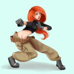  1girl aqua_background baggy_pants belt boots cargo_pants crop_top gloves green_eyes impossible_pants kim_possible kimberly_ann_possible loose_belt loose_pants midriff navel pants pose red_hair red_lips shycatgirl turtleneck 