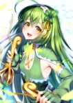  1girl :d ahoge armpits blush dual_wielding elbow_gloves fingerless_gloves fingernails flat_chest flower_knight_girl gloves green_gloves green_hair green_nails green_theme hair_ornament hairband head_tilt highres holding leaf_lsd long_hair looking_at_viewer mint_(flower_knight_girl) nail_polish object_namesake open_mouth reverse_grip simple_background smile solo thick_eyebrows upper_body white_background white_hairband yellow_eyes 