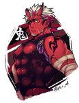  1boy bara bare_shoulders black_hair broken_horn colored_skin covered_abs covered_navel covered_nipples demon_boy eyepatch facial_hair flee_ad from_side goatee horns large_pectorals male_focus mature_male monster_boy muscular muscular_male oni_horns original red_skin scar scar_on_cheek scar_on_face short_hair sideburns skin-covered_horns solo upper_body 