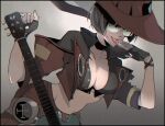  1girl black_hair fingerless_gloves glasses gloves guilty_gear guilty_gear_strive guitar hat i-no instrument jacket kishiro_yutaka looking_at_viewer midriff witch_hat 