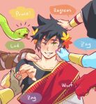  1boy achilles_(hades) black_hair black_nails blue_skin cerberus_(hades) cheek_pinching colored_skin dark_skin dusa_(hades) english_text greek_clothes green_eyes grin hades_(game) hand_on_another&#039;s_head hand_on_another&#039;s_shoulder hands joy0220 laurel_crown male_focus megaera_(hades) one_eye_closed persephone_(hades) pinching pink_background pink_nails smile snake solo_focus thanatos_(hades) zagreus_(hades) 