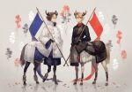  2boys antlers black_flower black_shirt blue_flag brown_eyes brown_hair centaur closed_eyes closed_mouth coat commentary_request flower holding multiple_boys original red_flag red_flower shirt white_coat white_flower yoshioka_(haco) 