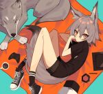  1girl absurdres animal_ears bangs black_shirt black_shorts coffee controller converse cup game_controller ghost_(tama) grey_hair hair_between_eyes highres looking_at_viewer lying mug on_side one_eye_closed original shirt short_hair short_shorts shorts solo tail wolf wolf_ears wolf_girl wolf_tail xbox_controller 