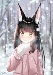  1girl animal_ear_fluff animal_ears azur_lane black_hair blush coat fox_ears fox_girl gloves long_hair looking_at_viewer m_ko_(maxft2) nagato_(azur_lane) outdoors pink_coat shiny shiny_hair snow snowing solo turtleneck white_gloves winter winter_clothes winter_coat yellow_eyes 