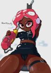  2021 5_fingers agent_8_(splatoon) belt bodily_fluids bottomwear breasts breath brown_body brown_skin camel_toe cephalopod clothed clothing crop_top dark_body dark_skin eyelashes female fingers hair hand_behind_head hi_res holding_object holding_weapon humanoid looking_at_viewer low-angle_view marine mollusk nintendo nipple_outline octarian octoling oofrowdy panties pink_eyes pink_hair portrait pseudo_hair pussytight_clothing ranged_weapon rubber_clothing shirt skirt smile solo splatoon standing suction_cup sweat tentacle_hair tentacles three-quarter_portrait topwear underwear upskirt video_games weapon 