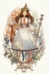  1girl animal artist_name black_flower blue_flower brown_hair choker closed_eyes closed_mouth commentary deer dress fence flower highres original plant_on_head puffy_dress puffy_sleeves red_flower red_ribbon red_rose ribbon rose smile white_choker white_dress white_flower yoshioka_(haco) 