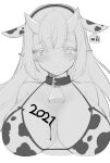  1girl 2021 animal_ears bare_shoulders blush breasts chinese_zodiac cow_ears epic_seven eyebrows_visible_through_hair fake_animal_ears highres horns large_breasts long_hair looking_at_viewer pointy_ears serin199 simple_background solo upper_body white_background year_of_the_ox yufine_(epic_seven) 