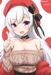  1girl :d aran_sweater azur_lane belfast_(azur_lane) belfast_(shopping_with_the_head_maid)_(azur_lane) black_bow black_choker blush bow breasts brown_sweater choker cleavage dated earrings hair_bow hat highres hoop_earrings index_finger_raised jewelry klaius large_breasts long_hair looking_at_viewer off-shoulder_sweater off_shoulder official_alternate_costume open_mouth purple_eyes red_headwear smile solo sweater twitter_username upper_body white_hair 
