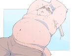  2021 anthro belly blindfold bodily_fluids bottomwear bulge clothing inunoshippo kemono male mammal moobs navel overweight overweight_male shorts solo sweat ursid 