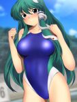  1girl alternate_costume bare_legs blue_eyes blue_sky blue_swimsuit blurry blurry_background blush breasts clenched_hands closed_mouth cloud cloudy_sky commentary competition_swimsuit cowboy_shot day embarrassed eyebrows_visible_through_hair frog_hair_ornament green_hair hair_between_eyes hair_ornament hair_tubes kochiya_sanae long_hair looking_at_viewer medium_breasts one-piece_swimsuit outdoors sidelocks skin_tight sky snake_hair_ornament solo standing sweat swimsuit thighs touhou yadokari_genpachirou 