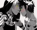  2boys :t blush eye_contact green_eyes greyscale hades_(game) hood hood_up joy0220 laurel_crown looking_at_another male_focus monochrome multiple_boys skull spot_color thanatos_(hades) upper_body yaoi yellow_eyes zagreus_(hades) 