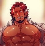  1boy abs bara bare_pecs close-up dark_skin dark_skinned_male facial_hair flee_ad goatee highres large_pectorals long_sideburns looking_at_viewer male_focus mature_male muscular muscular_male nipples open_clothes open_shirt original pectoral_focus pectorals portrait red_hair shirt short_hair sideburns smile solo stomach sweat white_shirt 