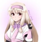  1girl black_gloves blonde_hair closed_mouth commentary dated eyebrows_visible_through_hair fate/grand_order fate_(series) fingerless_gloves gloves hairband highres illyasviel_von_einzbern klaius long_hair looking_at_viewer pink_background pink_sash red_eyes sash sitonai_(fate) solo twitter_username upper_body v 