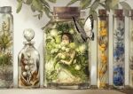  1girl bottle braid brown_eyes brown_hair bug butterfly closed_mouth commentary cork dress flower highres in_bottle in_container insect original plant rope yoshioka_(haco) 