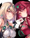  2girls bangs breasts chest_jewel earrings fingerless_gloves gem gloves headpiece highres hinot holding holding_letter jewelry large_breasts letter multiple_girls mythra_(xenoblade) pyra_(xenoblade) red_eyes red_hair red_legwear red_shorts short_hair shorts smash_invitation super_smash_bros. xenoblade_chronicles_(series) xenoblade_chronicles_2 