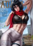  1girl abs arm_up armpits ass_visible_through_thighs bare_shoulders black_eyes black_hair commentary cover dandon_fuga fake_cover highres magazine_cover midriff mikasa_ackerman navel red_scarf scarf shingeki_no_bahamut short_hair solo toned 