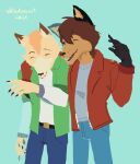  absurd_res anthro belt canid canine canis clothed clothing duo fox friends fully_clothed gloves handwear hi_res leather leather_clothing male mammal multicolored_body shinakazami1 shirt smile topwear undershirt wolf 