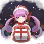  1girl absurdres ahoge bow bowtie christmas christmas_gift closed_mouth dated dress eyebrows_visible_through_hair gift gloves hat highres holding holding_gift hololive klaius looking_at_viewer minato_aqua multicolored_hair purple_eyes purple_hair red_bow red_dress red_gloves red_neckwear santa_hat smile solo streaked_hair twintails twitter_username upper_body 