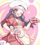  1girl ;d apron blush brown_eyes chef_hat dawn_(pokemon) dress eyelashes frills hair_ornament hairclip hand_on_hip hand_up hat long_hair looking_at_viewer one_eye_closed open_mouth oven_mitts pokemon pokemon_(game) pokemon_masters_ex red_dress red_mittens short_sleeves sidelocks sketch smile solo star_(symbol) symbol_commentary tongue tpi_ri 