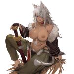  1girl abs absurdres animal_ear_fluff animal_ears bare_shoulders barefoot black_gloves black_jacket breasts choker collarbone dark_skin dark_skinned_female eyepatch fangs female_pubic_hair fingerless_gloves fur-trimmed_jacket fur_trim ghislaine_dedoldia gloves highres holding holding_sword holding_weapon jacket lan_xiezi large_breasts long_hair mushoku_tensei nipples open_mouth pubic_hair red_choker red_eyes scar scar_on_stomach sitting sword tail tan teeth toes weapon white_pubic_hair 