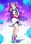  1girl alternate_breast_size artist_name bike_shorts blue_flower blue_rose boots breasts commentary_request flower full_body grey_footwear highres joy_ride long_hair looking_at_viewer magical_girl medium_breasts midriff milk_(yes!_precure_5) milky_rose mimino_kurumi navel precure purple_hair red_eyes rose skirt solo standing white_skirt yes!_precure_5 yes!_precure_5_gogo! 