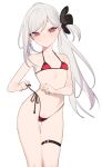  1girl beijuu bikini blue_archive breasts closed_mouth cowboy_shot flower grey_hair hair_ornament long_hair looking_at_viewer mutsuki_(blue_archive) red_bikini red_eyes side-tie_bikini simple_background small_breasts smile solo swimsuit thigh_strap white_background 