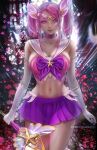  1girl breasts choker cleavage collarbone commentary diadem donyta english_commentary gloves holding holding_wand large_breasts league_of_legends looking_at_viewer luxanna_crownguard magical_girl midriff navel pink_eyes pink_hair purple_choker purple_skirt sailor_collar short_hair skirt solo star_guardian_(league_of_legends) star_guardian_lux thighs twintails wand white_gloves white_sailor_collar 
