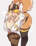  2021 absurd_res anthro ball baseball_(ball) baseball_cap bent_over big_breasts blonde_hair bodily_fluids breasts canid canine catcher&#039;s_mitt cervina7_(artist) cleavage clothed clothing female hair hat headgear headwear hi_res kemono legwear looking_at_viewer mammal open_mouth raised_tail shirt simple_background solo sweat topwear 