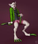  anthro black_clothing black_shirt black_topwear bulge claws clothing felid fur green_claws green_clothing green_shirt green_topwear hi_res long_claws longblueclaw male mammal pink_clothing pink_underwear shirt solo topwear underwear white_body white_fur 