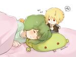  1girl blonde_hair blush brera_sterne closed_eyes green_hair kimidori_(kimidoriri) lying macross macross_frontier on_side oosanshouuo-san petting ranka_lee short_hair sleeping under_covers 