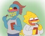  2019 alphys alpi animal_humanoid anthro blue_body blush duo eye_patch eyewear female fish fish_humanoid flustered food glasses green_background humanoid humor lizard marine marine_humanoid pocky reptile scalie simple_background undertale undyne video_games yellow_body 