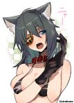  1girl adjusting_clothes adjusting_gloves animal_ears bangs bikini black_bikini black_gloves blue_eyes breasts cat_day cat_ears collar eyepatch fang gloves grey_hair hair_between_eyes highres kantai_collection kiso_(kancolle) large_breasts medium_hair red_collar scar scar_across_eye simple_background sirakane_(tigo5115) solo swimsuit twitter_username upper_body 