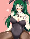  1girl animal_ears blush breasts bunny_ears cecilia_(fire_emblem) cleavage fire_emblem fire_emblem:_the_binding_blade green_eyes green_hair large_breasts leggings miyako_(mongcocoa) playboy_bunny ribbon solo 