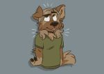  anthro blonde_hair brown_body brown_fur canid canine canis clothing covid_quarantine domestic_dog fur green_clothing green_eyes green_shirt green_topwear grey_background hair hi_res long_hair male mammal matt_riskely quarantine_hair shirt simple_background solo t-shirt tinydeerguy tongue tongue_out topwear 