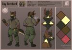  anthro behemothking bottomwear canid canine canis cargo_pants chest_tuft cigarette claws clothed clothing digitigrade domestic_dog exhaling_smoke feet fingers front_view gas_canister german_shepherd grin hair herding_dog hi_res jumpsuit male mammal model_sheet mohawk pants pastoral_dog rear_view smile smoking solo tired_eyes toes tuft uniform 