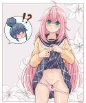  !? 2girls absurdres ahoge blue_eyes blue_hair blush border bow bow_panties censored chestnut_mouth commentary flower hair_bun heart heart_censor highres huge_filesize kagamihara_nadeshiko lily_(flower) long_hair multiple_girls navel panties panty_pull pink_hair purple_eyes pussy school_uniform shima_rin simple_background skirt skirt_lift solo_focus underwear very_long_hair yomo yuri yurucamp 