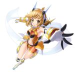  1girl absurdres armored_boots armpits bike_shorts blonde_hair boots breasts breasts_apart brown_eyes clothing_cutout elbow_gloves floating_hair full_body gloves headphones highres knee_boots long_hair medium_breasts midriff navel nyanmaru open_mouth orange_shorts outstretched_arms outstretched_hand senki_zesshou_symphogear shiny shiny_hair short_shorts shorts simple_background sleeveless solo stomach stomach_cutout tachibana_hibiki_(symphogear) v-shaped_eyebrows white_background white_gloves 