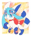  4_fingers 4_toes bell bell_collar blue_eyes blue_hair blush blush_lines bow_ribbon collar eeveelution extyrannomon_(artist) eyewear feet female feral fingers glaceon goggles goggles_on_head hair hi_res nintendo pawpads paws pok&eacute;mon pok&eacute;mon_(species) simple_background solo toes tongue tongue_out video_games white_body 