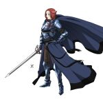  1girl apoloniodraws armor armored_boots boots braid brown_eyes brown_hair brown_pants cape floating_cape gauntlets greaves hand_on_hip highres holding holding_sword holding_weapon knight looking_afar pants personification red_eyes red_hair simple_background sword weapon white_background 