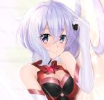  1girl absurdres ahoge breasts cleavage cleavage_cutout closed_mouth clothing_cutout elbow_gloves gloves highres looking_at_viewer lying medium_breasts nyanmaru on_side senki_zesshou_symphogear shiny shiny_clothes shiny_legwear short_hair silver_hair smile solo sunlight white_background white_gloves yukine_chris 