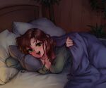  1girl :d bishoujo_senshi_sailor_moon breasts brown_hair collarbone commentary english_commentary eyebrows_visible_through_hair green_eyes highres indoors kino_makoto large_breasts long_hair looking_at_viewer lying monorus on_bed open_mouth pillow plant smile solo under_covers 