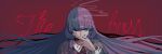  1girl absurdres bad_id bad_nicoseiga_id bow cigarette closed_mouth commentary_request cookie_(touhou) dress english_text hair_between_eyes hair_bow highres holding holding_cigarette long_hair looking_at_viewer odoro_(nicoseiga81184094) patchouli_knowledge purple_dress purple_eyes purple_hair red_background red_bow simple_background smile smoke smoking solo star_(symbol) taisa_(cookie) touhou upper_body 