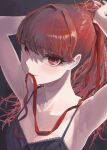  1girl armpits arms_behind_head arms_up bangs black_background breasts camisole closed_mouth collarbone eyebrows_visible_through_hair hair_ribbon highres long_hair looking_at_viewer luc_sion mouth_hold persona persona_5 persona_5_the_royal ponytail red_eyes red_hair red_ribbon ribbon ribbon_in_mouth small_breasts smile solo tying_hair upper_body yoshizawa_kasumi 