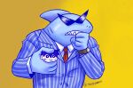  anthro blue_body bodily_fluids clock duo eyewear fish hair hero_(omori) hi_res human male mammal marine meme mr._jawsum necktie nervous_smile omori_(game) red_necktie shark sunglasses sweat teeth thinking toastyjammin toony watch wristwatch 