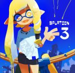  1girl :d arm_behind_back asymmetrical_hair bangs bike_shorts blonde_hair blue_sky blunt_bangs bow_(weapon) bright_pupils clear_sky day domino_mask eyebrows_behind_hair eyes_visible_through_hair fangs hc2002 highres inkling long_hair looking_at_viewer mask octopus open_mouth outdoors pointy_ears shirt skin_fangs sky smile solo splatoon_(series) splatoon_3 squid t-shirt tentacle_hair torn_clothes torn_shirt weapon white_pupils white_shirt yellow_eyes 