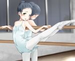 1girl athletic_leotard balancing ballerina ballet ballet_slippers black_hair blue_leotard breasts commentary_request green_eyes hair_bun kokekokko_coma leotard looking_at_viewer open_mouth original reflection small_breasts solo standing standing_on_one_leg 