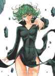  1girl action apoloniodraws dress glowing green_eyes green_hair highres long_dress looking_at_viewer one-punch_man psychic rock short_hair tatsumaki 